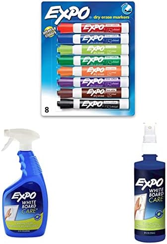 Маркери за сухо изтриване с ниско миризма EXPO съвет стамески, различни цветове, 8 опаковки, спрей за почистване на бели дъски,