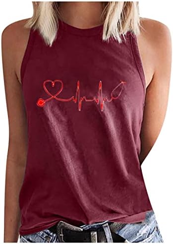 Риза с Сердцебиением за Жени, Лятна Тениска с Графичен Принтом Love, Ежедневни Тениски Без ръкав, с Кръгло деколте,