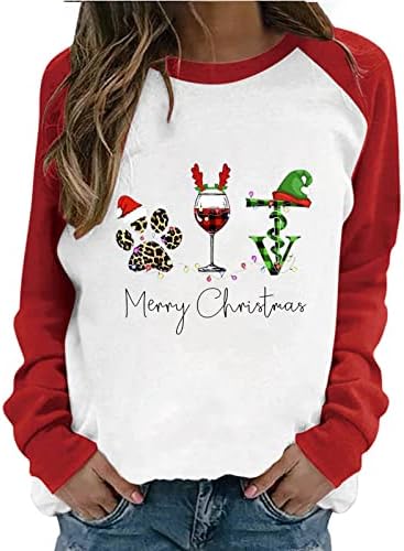 Коледни ризи за Жени,Дамски весела Коледа на Чаша Вино Шапка на Дядо графика С Дълъг Ръкав Colorblock Блузи, Потници