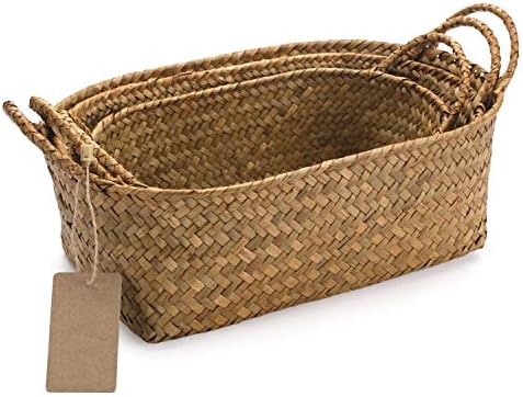 Плетени кошници от морска трева за съхранение, Натурална кошница на рафта с дръжка за Организатор, Штабелируемый Овалния