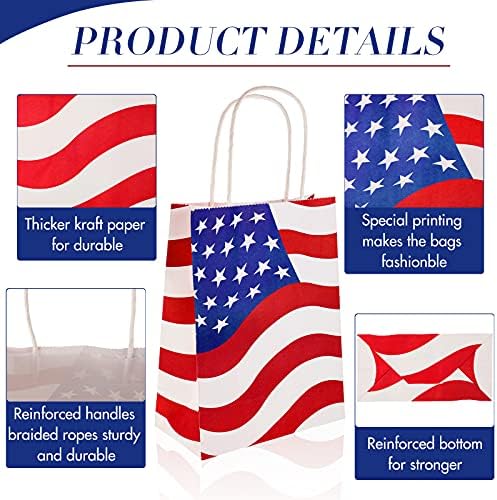 Outus 6 бр. Хартиени торби с образа на американския Флаг, Патриотична Звезди, Крафт чанта, Червена, Синя и Бяла Пазарска чанта с дръжки, Декоративни Празнични Аксесоари