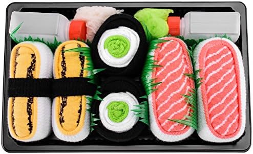 Чорапи Rainbow - Мъжки и женски - Кутия за чорапи за суши Tamago с краставици и сьомга - 3 чифта