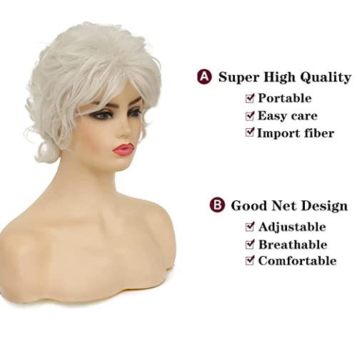 Beweig Къса къдрава бели перуки за жени, пухкави органични синтетични косми, ежедневни перуки за по-възрастни дами