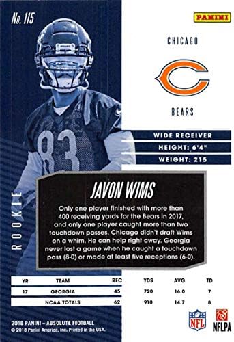 Абсолютен футбол 2018 115 Джавон Вимс, нов RC, нов Chicago Bears, Официалната търговска картичка NFL, направена Панини