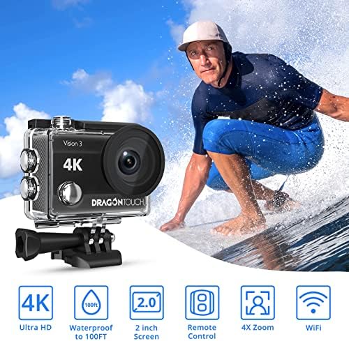 Екшън-камера Dragon Touch 4K 20MP Vision 3, Водоустойчив Подводна Камера с широк зрителен ъгъл 170 °, Спортна