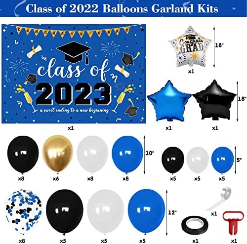 Син фон за бала клас 2023 г., Банер и Комплект за декорация на Гирлянди от балони, Приятно завършване на Ново