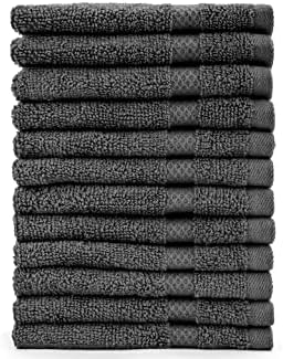 Памучни кърпички за пране AKTI Premium, опаковка 12, 13x13 см, 520 г, Силна, бързо съхнещи и добре Абсорбиращи Почистващи Кърпички за дома, спа, хотел, баня и кухня – Средно-Сив Г
