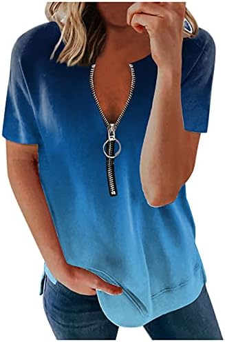YUNDAN/ Дамски Тениски с къс ръкав и V-образно деколте, Лятна Свободна Ежедневни Тениска с цип, Патриотични Блузи