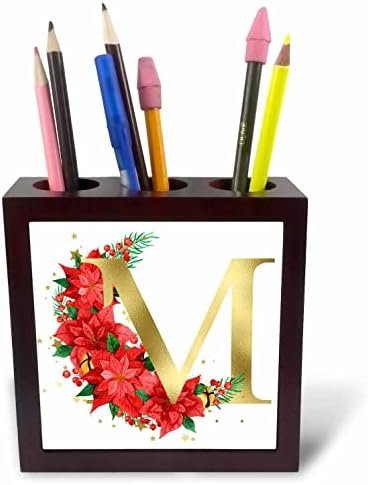 3. Най-доброто изображение на златен монограм Initial M Poinsettia с цветен модел - Поставка за химикалки за плочки (ph-371280-1)