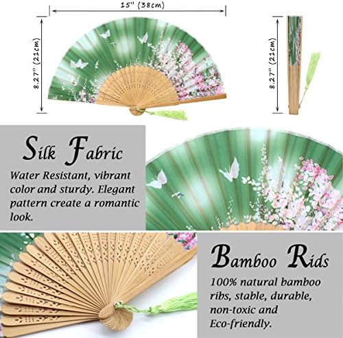 Сгъваеми ръчни фен OMyTea за жени - Китайски Японски Реколта Бамбукови Копринени фен - за гореща светкавица, EDM,