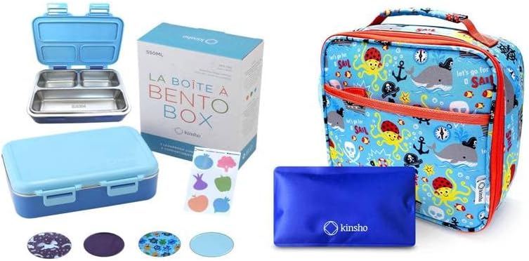киншо Комплект от детския мини-обяд-бокс Bento от неръждаема стомана (син) + Обяд-бокс за деца с пакет лед