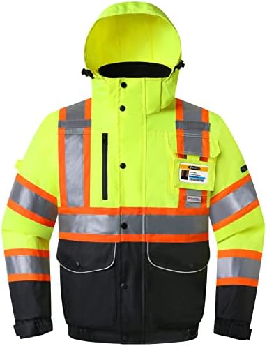 Зимно яке-бомбер JKSafety с 10 джоба, водоустойчив светоотражающая яке-бомбер Hi-Vis 3 М | Неоново Жълто Черно спускане | Защитен джоб за iPad или таблет | Подвижна качулка и ра?