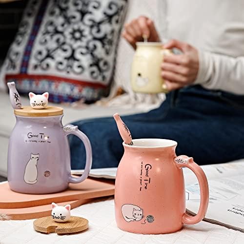 Комплект чаши със Сладък Котка от 4 Керамични чаши кафе на Сладък капак във формата на Коте и лъжица за Риба, Нов, Комплект