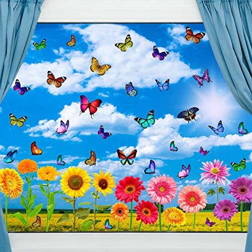 Outus 138 Броя Пролетта на Етикети на прозорци с пеперуди, лепенки за прозорци с цветя, лепенки за прозорци със