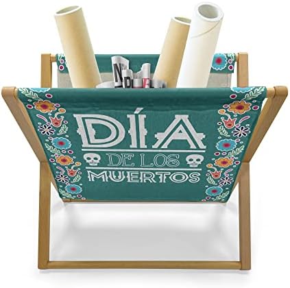 Стойка за списания и книги Ambesonne Dia de Los Muertos във формата на Черепа и Вертикални Листенца от Цветя, с Типографски