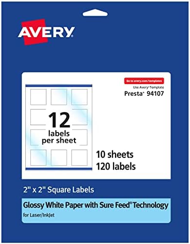 Квадратни етикети Avery с надеждна сервиране, 2 x 2, 120 Лъскавите бели етикети (36476)