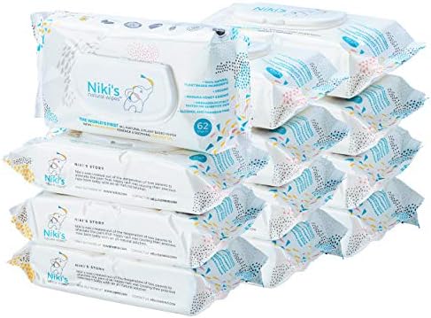 Натурални детски кърпички Nick | Органични бебешки кърпички Sensitive | са Произведени от мед, Мед и кокосово масло, без мирис | Проверени EWG | 744 кърпички (12 опаковки по 62 бр.)