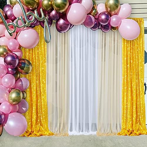 На 20 метра х 10 метра Фон от шифон цвят Шампанско Завеси за Сватбени партита 4 Панела 5 × 10 метра Прозрачни, Без Бръчки Блестящо