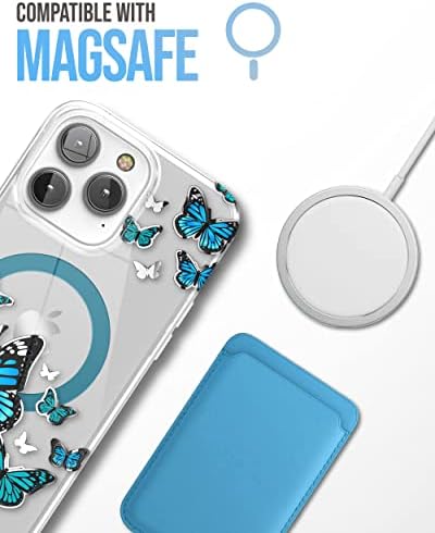 Магнитен калъф за iPhone 14 PRO с защитно фолио за жени - Съвместим с аксесоари MagSafe за телефони (Blue Butterfly)