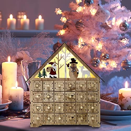 Коледен Адвент-Календар Kurala с 24 Отваряеми Чекмеджета с led осветление, Коледни Дървена Появата на Къща, Празничен Коледен
