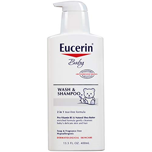 Eucerin Baby Wash & Shampoo - Формула 2 в 1, не съдържаща сълзи кучешка кожа, хипоалергенни и без ароматизатори, подхранва
