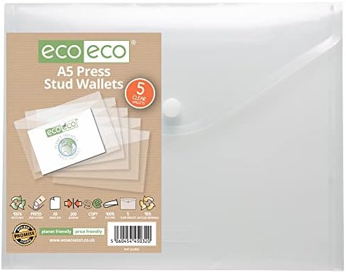 eco-eco A5 50% нов дизайн Прозрачен Портфейл с цип, Пластмасови Папки (опаковка от 25 парчета) eco032x25