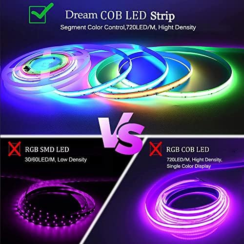 Комплект led ленти Smart WiFi Dream Color COB, Комплект гъвкави светодиодни лампи дължина 16,4 фута/5 М, 12 В RGB Пиксела, 3600