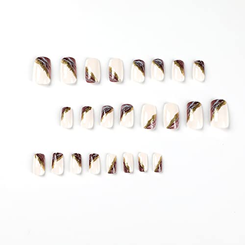 Квадратни Режийни ноктите на Средния принуда върху ноктите си с Пълно покриване на Режийни Изкуствени нокти Гланц Модел Акрилни Нокти с изкуствен Златен ръба Кафя