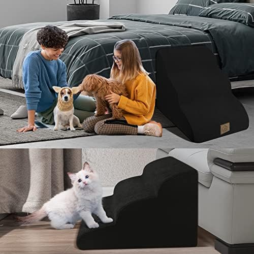 3-Ярусная Поролоновая стълба за кучета от мека мебел с високо легло, Степени от пяна с висока плътност, с мек текстилен