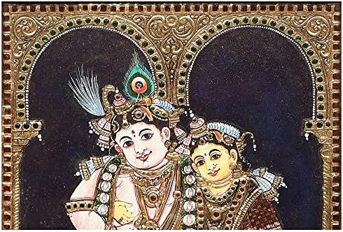 Екзотична Индийска картина на Радха Кришна Танджоре | Традиционните Цветове С 24-Каратово злато | Рамка от Тиково дърво | Злато
