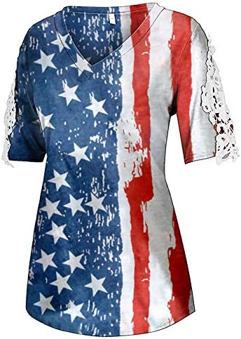 Лейси Лоскутная Тениска за Жени, Лятна Ежедневни тениски с V-образно деколте и Американския Флаг, на 4 юли, Патриотическая