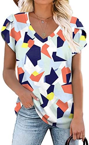Дамски Памучен Тениска Свободно Намаляване с Дълбоко V-образно деколте и Графичен Дизайн, Блуза за Почивка, Риза