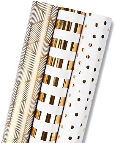 Ролка амбалажна хартия MAYPLUSS - Мини ролка - 17 инча X 120 инча ролка - Дизайн от бяло и златно фолио (42,3