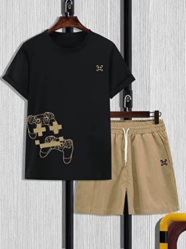 LUBOSE/ Мъжки облекла от две части, Риза с принтом геймпада и къси панталони с завязками на талията (Цвят: многоцветен, Размер: X-Large)