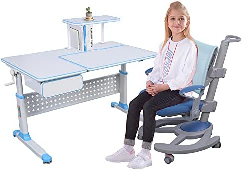 Детски стол ApexDesk серия MK с регулируема височина и работно бюро с Вграден рафт и чекмедже (комплект синя маса и столове