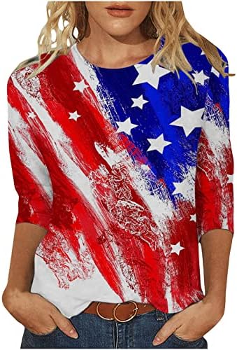 Тениска с Изображение на Американското и 3/4 Ръкав 2023, Кюспе Най-Капри с Модел на Американски Флаг за Момичета, Лято-Есен,