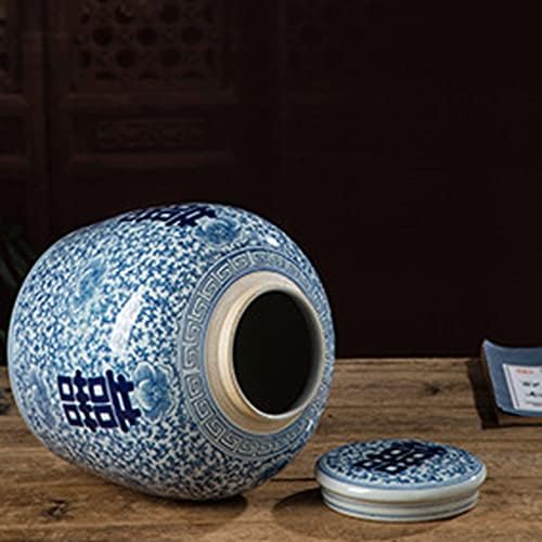 n/a Порцеланова Китайски Старинни Синьо-бялата Керамична Банка С Двоен Щастлив дума За съхранение Чаена банки General Jar