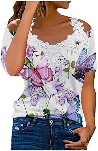 Блуза с цветен Модел, Дамска Блуза С Къс Ръкав и Отворени Рамене, Дълбоко V-образно Деколте, Дантела и Секси Блуза