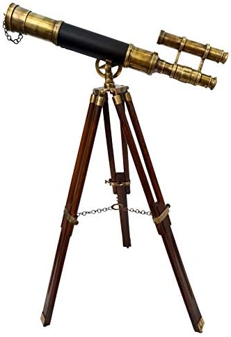 Античен Месинг Телескоп-Статив с Дървена Регулируема Стойка в Кожа Джоба За Домашен интериор, Настолна Малък Тръба