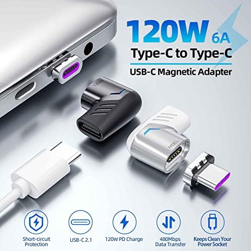 Магнитен адаптер Sisyphy USB C, правоъгълен конектор USB2.0 Type C за зареждане на PD мощност 120 W и пренос на