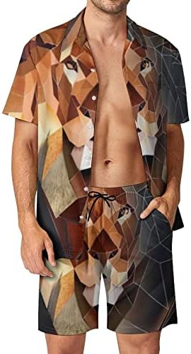 Мъжки плажни дрехи WEEDKEYCAT с Абстрактна Глава на Лъв, Хавайска Риза с копчета от 2 теми, Къс ръкав и къси Панталони,