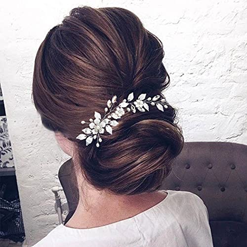 Сватбена гребен за коса Gorais Flower Bride, сребърни листа, сватбени накити за косата, кристален странична четка за коса,