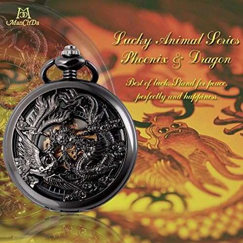ManChDa Старинни Механични Джобни Часовници за Мъже Лъки Dragon Phoenix Джобен Часовник с Веригата Черен Скелет
