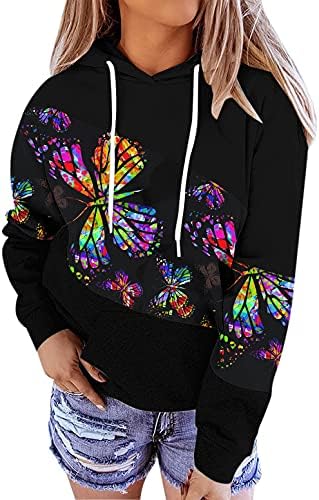 Дамски сладки графични случайни блуза, пуловер цвят блок мозайка блузи с дълги ръкави джоб големи качулки