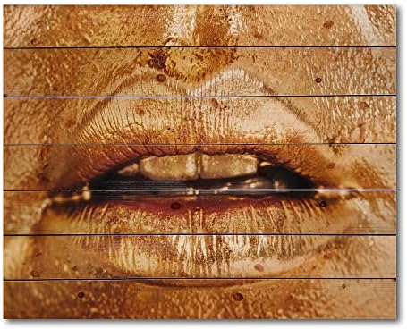 DesignQ в Едър план на Женските устни С Ярко Златист Грим Съвременен Декор на стени от дърво, Стенно Изкуство на