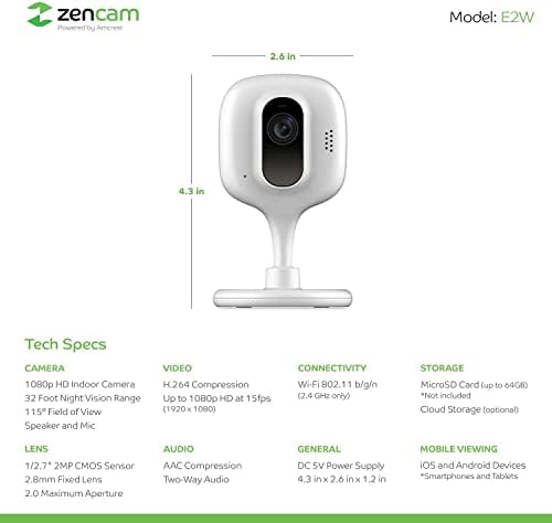 Wi-Fi Камера Zencam 1080p, Безжична IP камера за сигурност, вътрешен, Двустранен разговор, Нощно видение за дома, офиса,