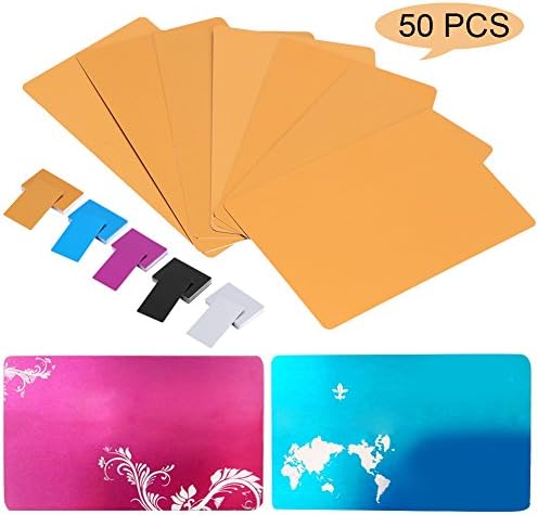 50 бр. визитка от алуминиеви сплави, 5 цвята, впечатляващи заготовки, метални гладка визитки с лазерно гравиране (сребрист)