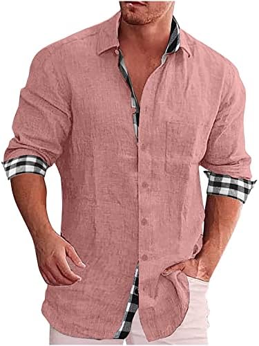 Мъжки Ризи Блузи Мода Плюс Размер Карирани Лоскутный Памук Ленена Жилетка с Отложным Яка и Дълъг Ръкав Копчета,