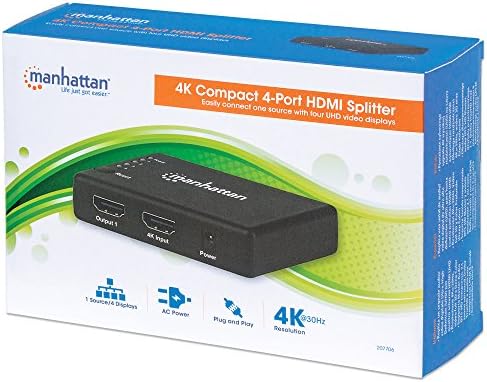 Manhattan Products 4K 4-Портов Компактен HDMI-сплитер с захранването с променлив ток, 1 вход и 4 изхода, UHD (4K при
