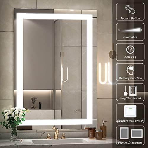 FTOTI 36x24 Инчов led огледало за баня и за тоалетна масичка, Стенно огледало с осветление, Бескаркасное Огледало